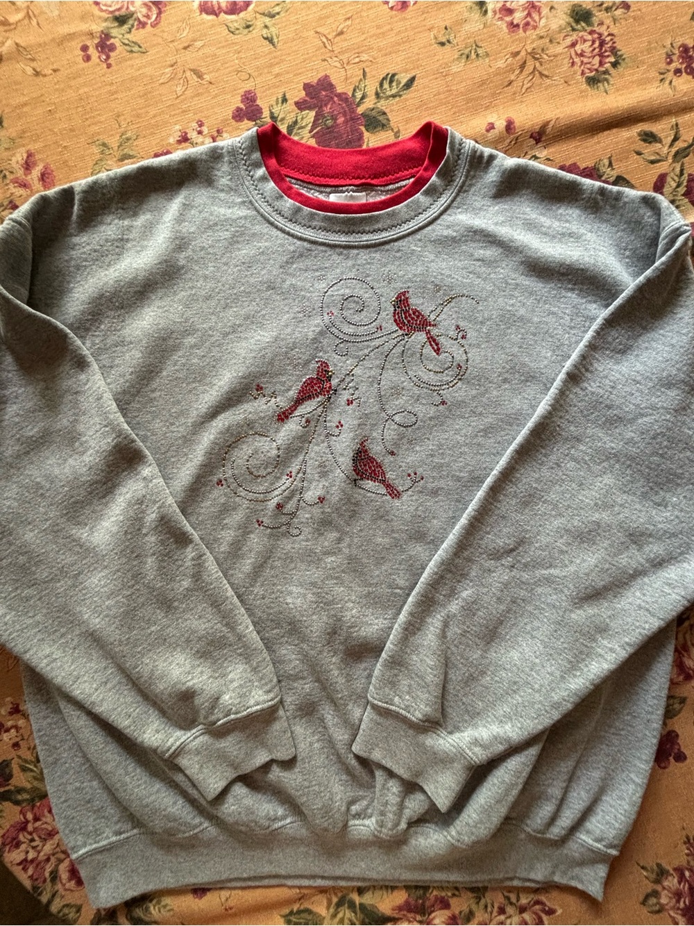 Gildan Gray Crewneck Sweater with Red Bird Embroidery